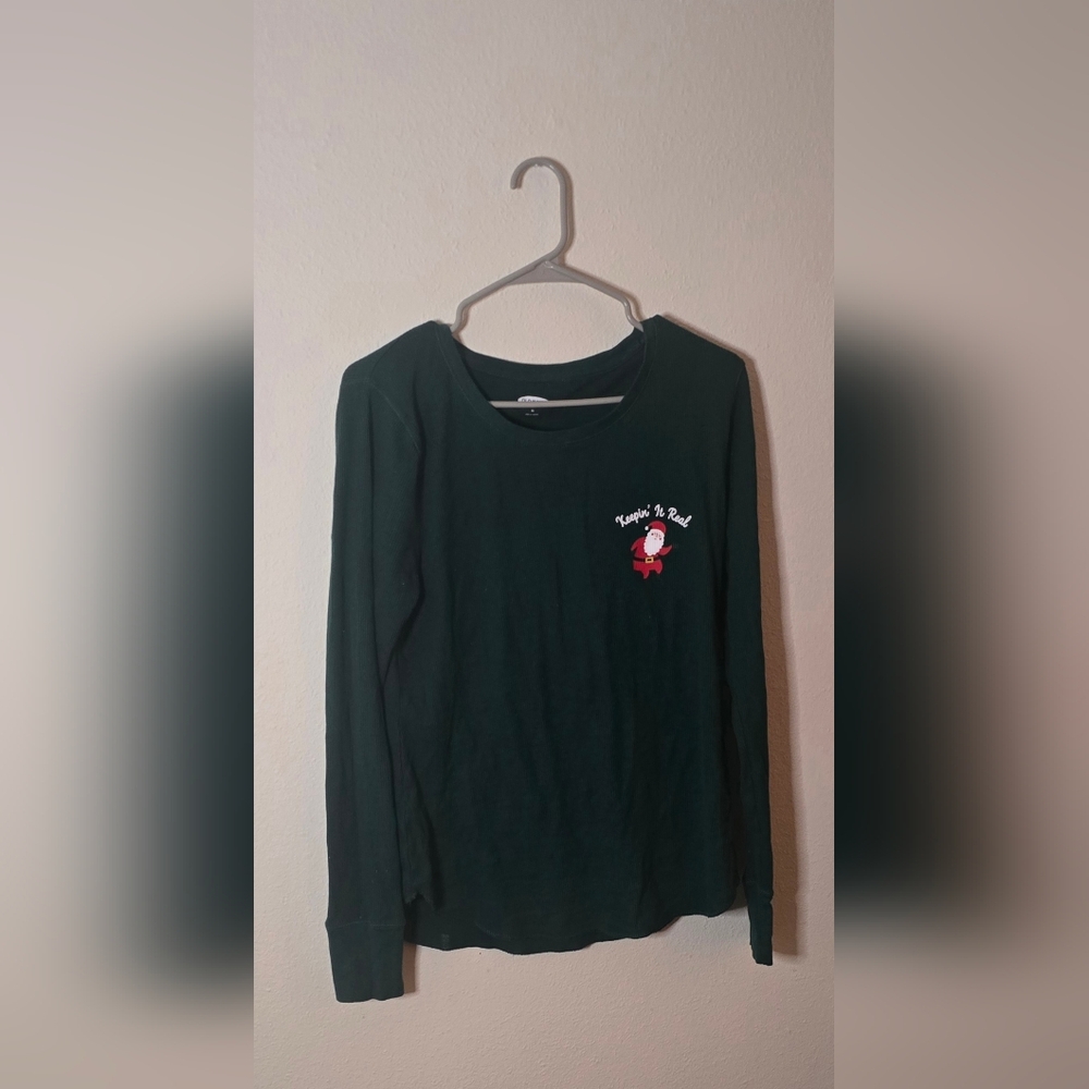 Old Navy Green “Keepin’ It Real” Santa Thermal Holiday Christmas Winter Top XL